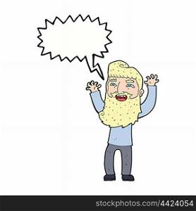 cartoon happy bearded man waving arms with speech bubble