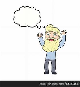 cartoon happy bearded man waving arms with thought bubble