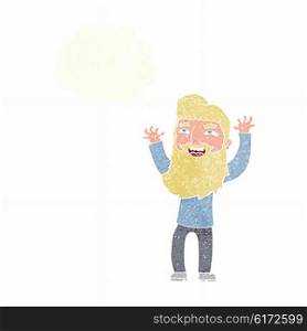 cartoon happy bearded man waving arms with thought bubble