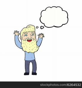 cartoon happy bearded man waving arms with thought bubble