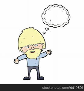 cartoon happy bearded man waving with thought bubble