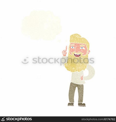 cartoon happy bearded man with idea with thought bubble