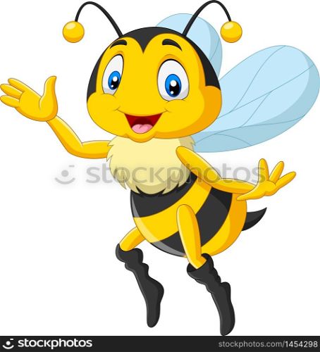 Cartoon happy bee waving hand