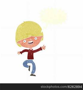 cartoon happy boy dancing with speech bubble