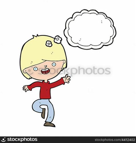 cartoon happy boy dancing with thought bubble