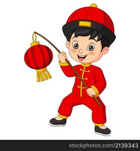 Cartoon happy boy holding chinese lantern