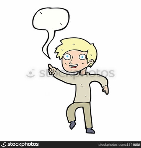 cartoon happy boy pointing with speech bubble