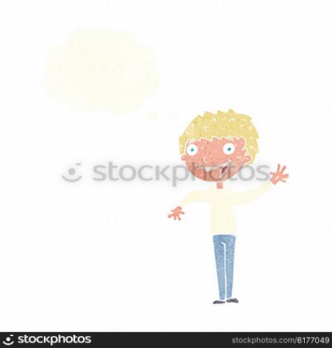 cartoon happy boy waving with thought bubble