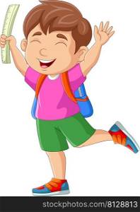 Cartoon happy boy with backpack and ruler