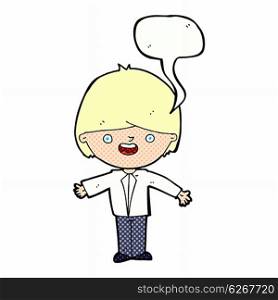 cartoon happy boy with open arms with speech bubble