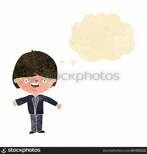 cartoon happy boy with open arms with thought bubble