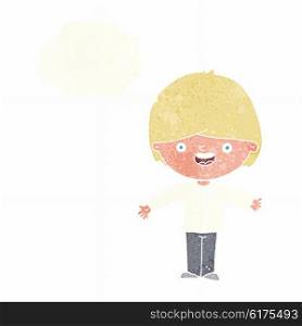 cartoon happy boy with open arms with thought bubble