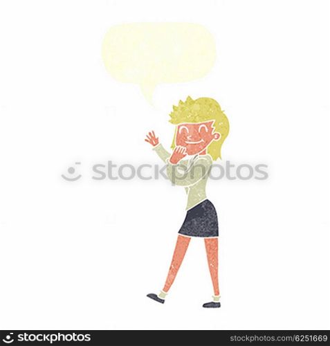cartoon happy businesswoman with speech bubble