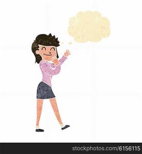 cartoon happy businesswoman with thought bubble