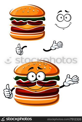 Cartoon happy cheeseburger character with patty, fresh tomatoes, lettuce leaf, cheese and bread bun with sesame seeds, giving thumb up sign. For fast food or takeaway cafe menu theme. Cartoon happy cheeseburger with thumb up