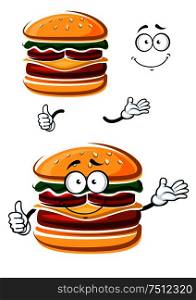 Cartoon happy cheeseburger character with patty, fresh tomatoes, lettuce leaf, cheese and bread bun with sesame seeds, giving thumb up sign. For fast food or takeaway cafe menu theme. Cartoon happy cheeseburger with thumb up