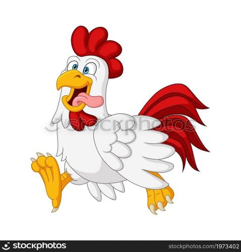Cartoon happy chicken walking on white background