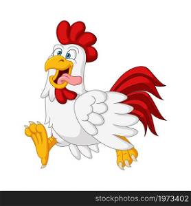Cartoon happy chicken walking on white background