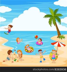 Cartoon happy children playing at the beach