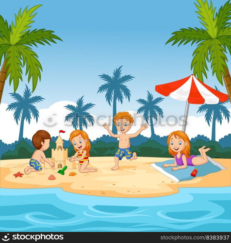 Cartoon happy children playing at the beach