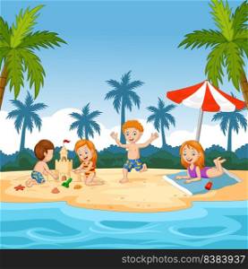 Cartoon happy children playing at the beach