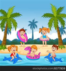 Cartoon happy children playing on tropical island