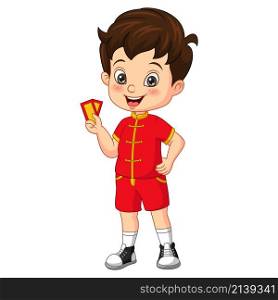 Cartoon happy chinese boy holding an envelope