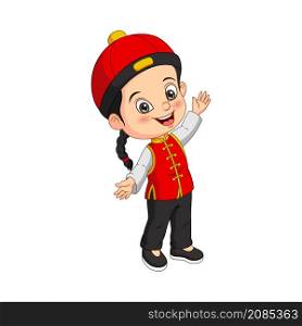 Cartoon happy chinese boy on white background