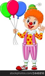 Cartoon happy clown holding colorful balloons
