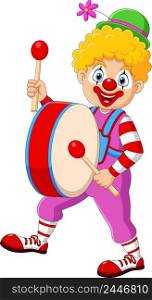 Cartoon happy clown playing the drum