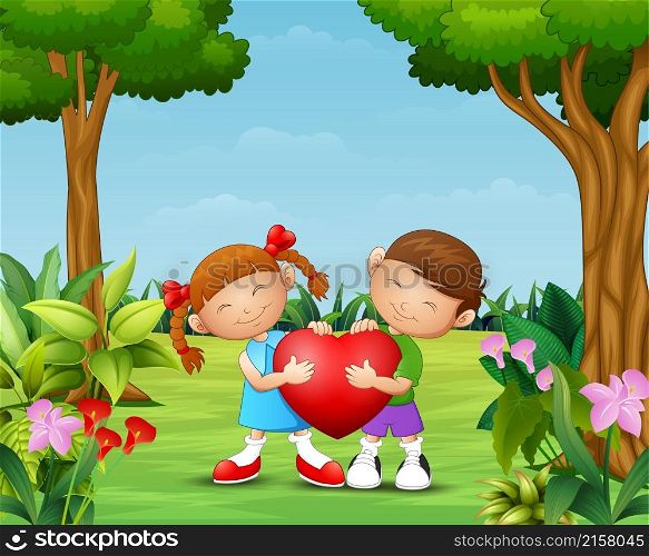 Cartoon happy couple kid holding a heart in the park