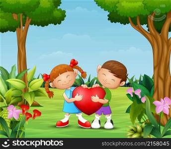 Cartoon happy couple kid holding a heart in the park