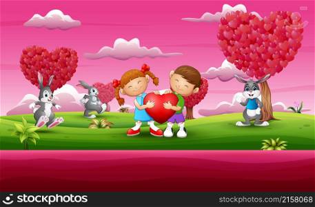 Cartoon happy couple kid holding a heart with many rabbit on the pink garden