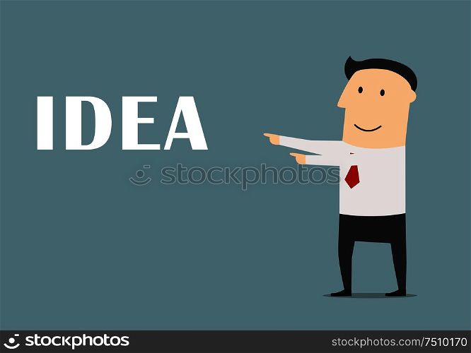 Cartoon happy creative businessman finding solution and pointing to idea. Concept of creativity. Creative businessman pointing to idea