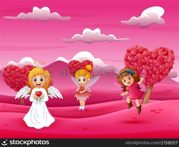 Cartoon happy cupid mother with little fairy