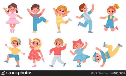 Cartoon happy dancing and jumping kids boys and girls. Children dance party joy. Ballet and aerobics poses. Kid character have fun vector set. Youth spending leisure time actively and glad