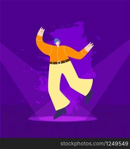 Cartoon Happy Dancing Country Cowboy Man Performing Showing Talent on Illuminated Nightclub Stage Disco Party Marathon Festival Vector Flat Style Illustration Night Competition Discotheque Concept. Dancing Man in Cowboy Outfit on Nightclub Stage