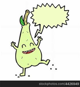cartoon happy dancing pear with speech bubble