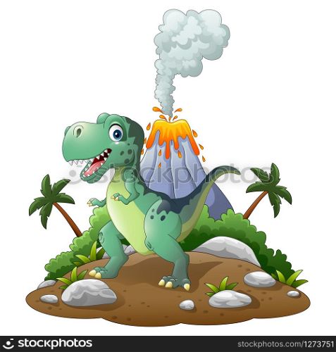 Cartoon happy dinosaur in the prehistoric background