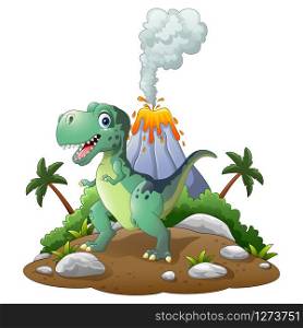 Cartoon happy dinosaur in the prehistoric background
