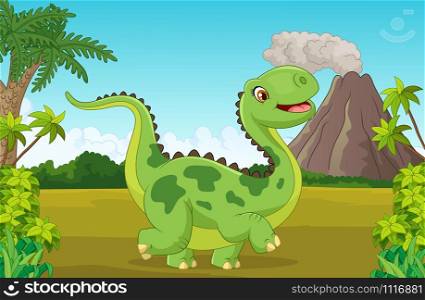 Cartoon happy dinosaur with mountain