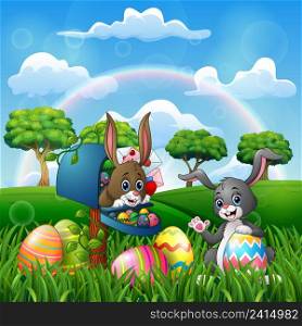 Cartoon happy easter with bunnies on the nature 