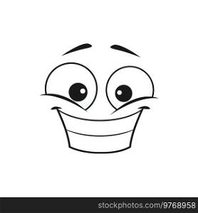Cartoon happy face, vector wide delighted smile facial emoji, funny creature. Happiness human emotion, isolated comic face with toothy smiling mouth and squinted eyes. Cartoon happy face, vector wide delighted smile