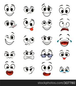 Cartoon happy faces with different expressions. Vector illustration. Happy face emotion, funny character emoticon caricature. Cartoon happy faces with different expressions. Vector illustrations