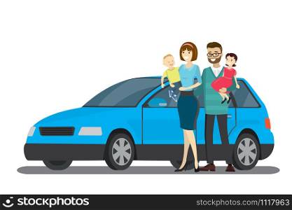 Cartoon happy family and Blue car,isolated on white background,flat vector illustration.. Cartoon happy family and Blue car,isolated on white background,