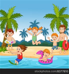 Cartoon happy family at the beach