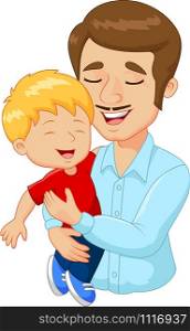 Cartoon happy family father holding his son