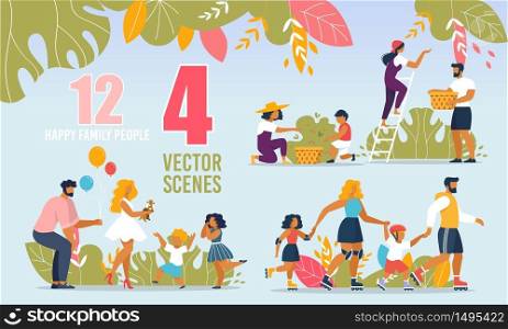 Cartoon Happy Family People Characters. Summer Activities Scenes Set. Parents Congratulating Kids with Holidays. Father, Mother, Children Roller Skating, Harvesting in Garden. Vector Flat Illustration. Happy Family People, Summer Activities Scenes Set
