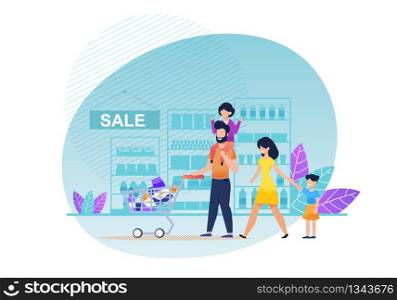 Cartoon Happy Family Shopping at Supermarket Flat Vector. Parents and Daughters Characters Walking with Cart Full of Goods and Food Products. Father, Mother and Children at Shop Illustration. Cartoon Family Shopping at Supermarket Flat Vector