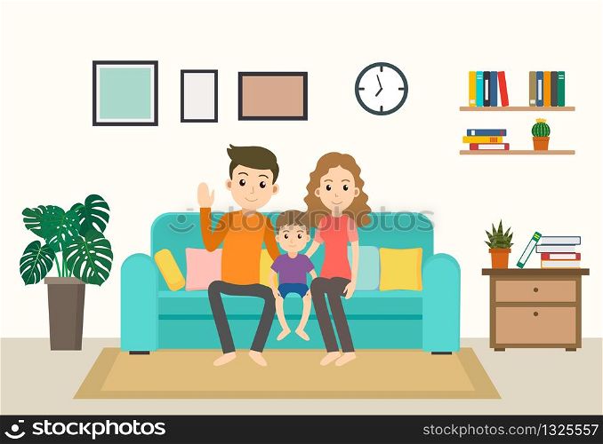 Cartoon happy family stay home on sofa in the living room - Vector illustration